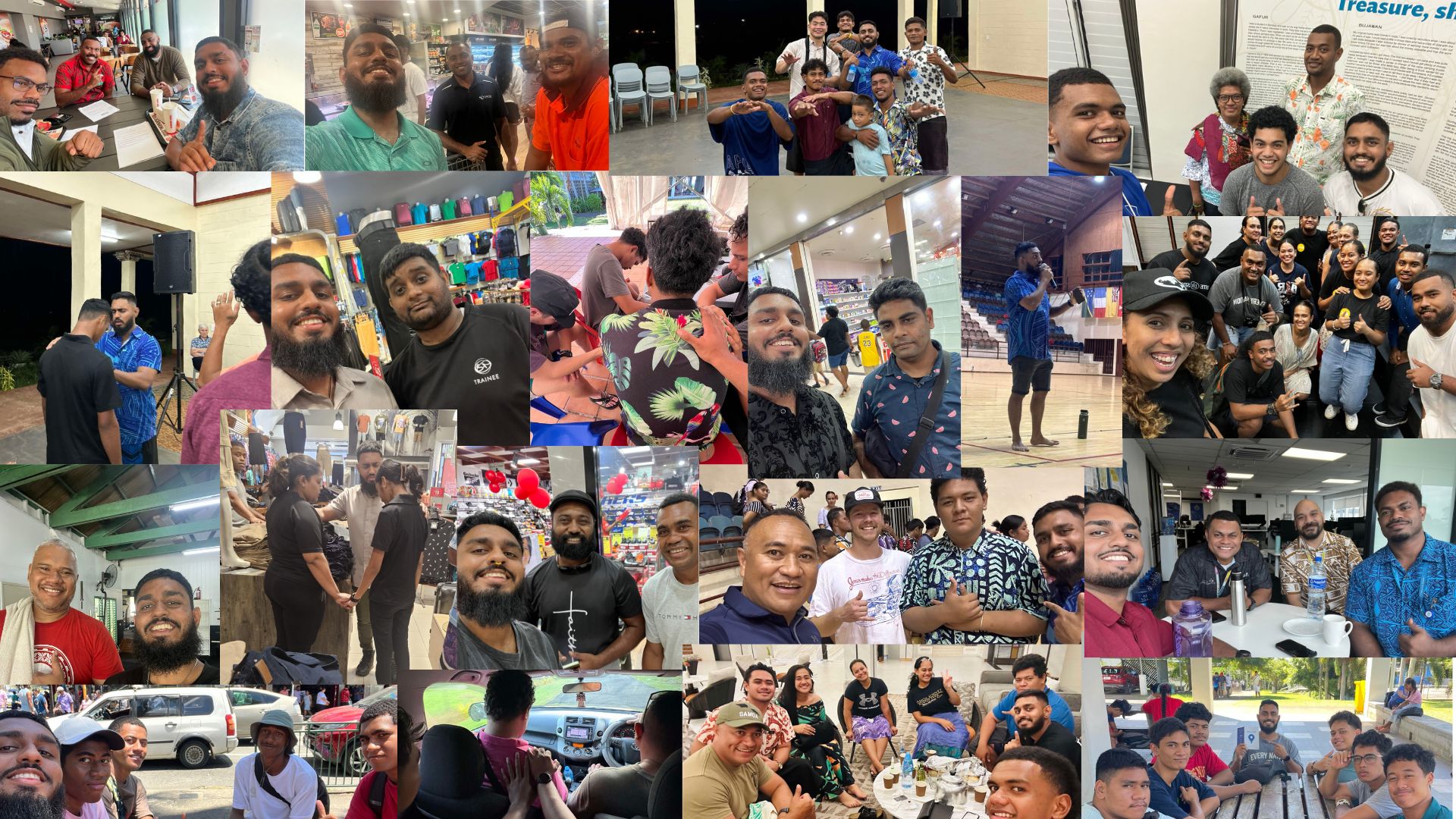 A collage of Ryhal leading life groups, discipling students, and sharing the gospel in Fiji